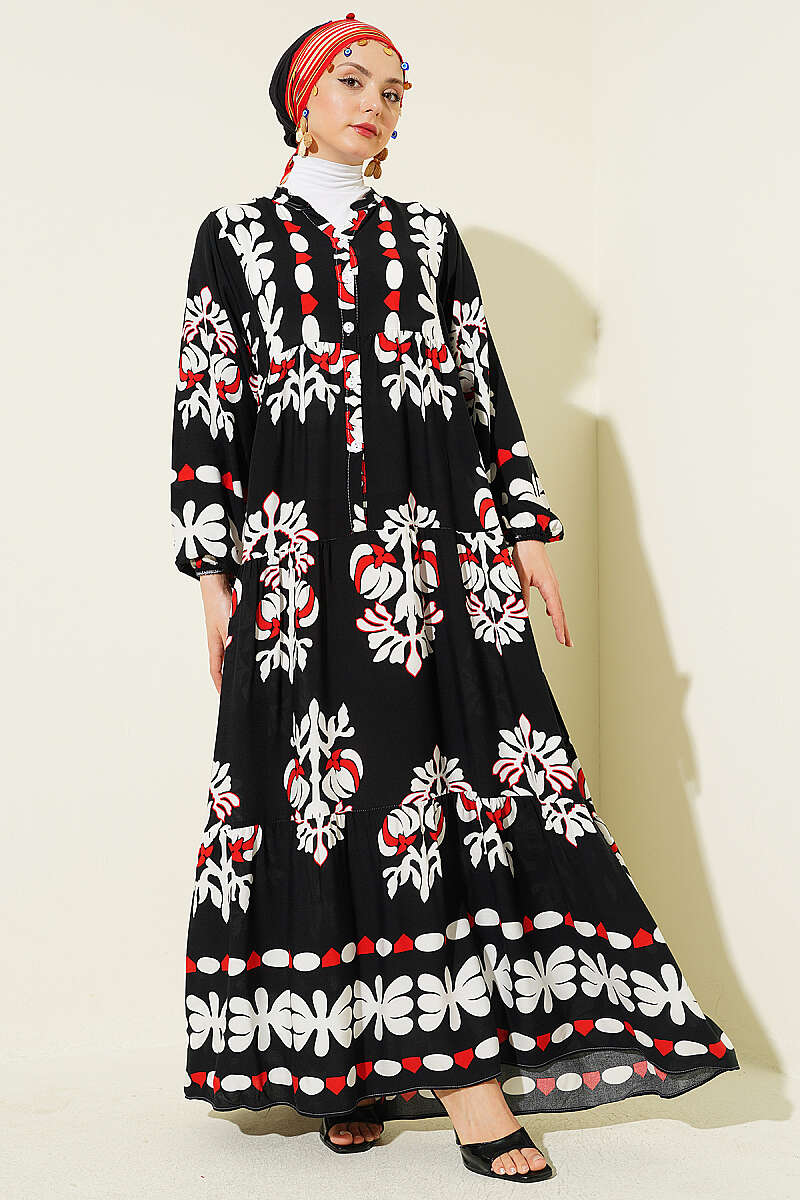 Motif Desen Hakim Yaka Elbise Siyah