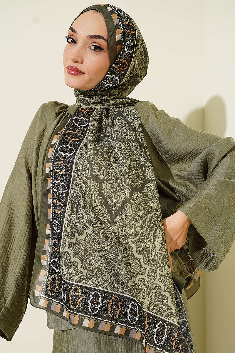 Motif Desenli Soft Şal Haki