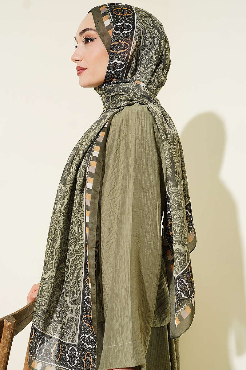 Motif Desenli Soft Şal Haki