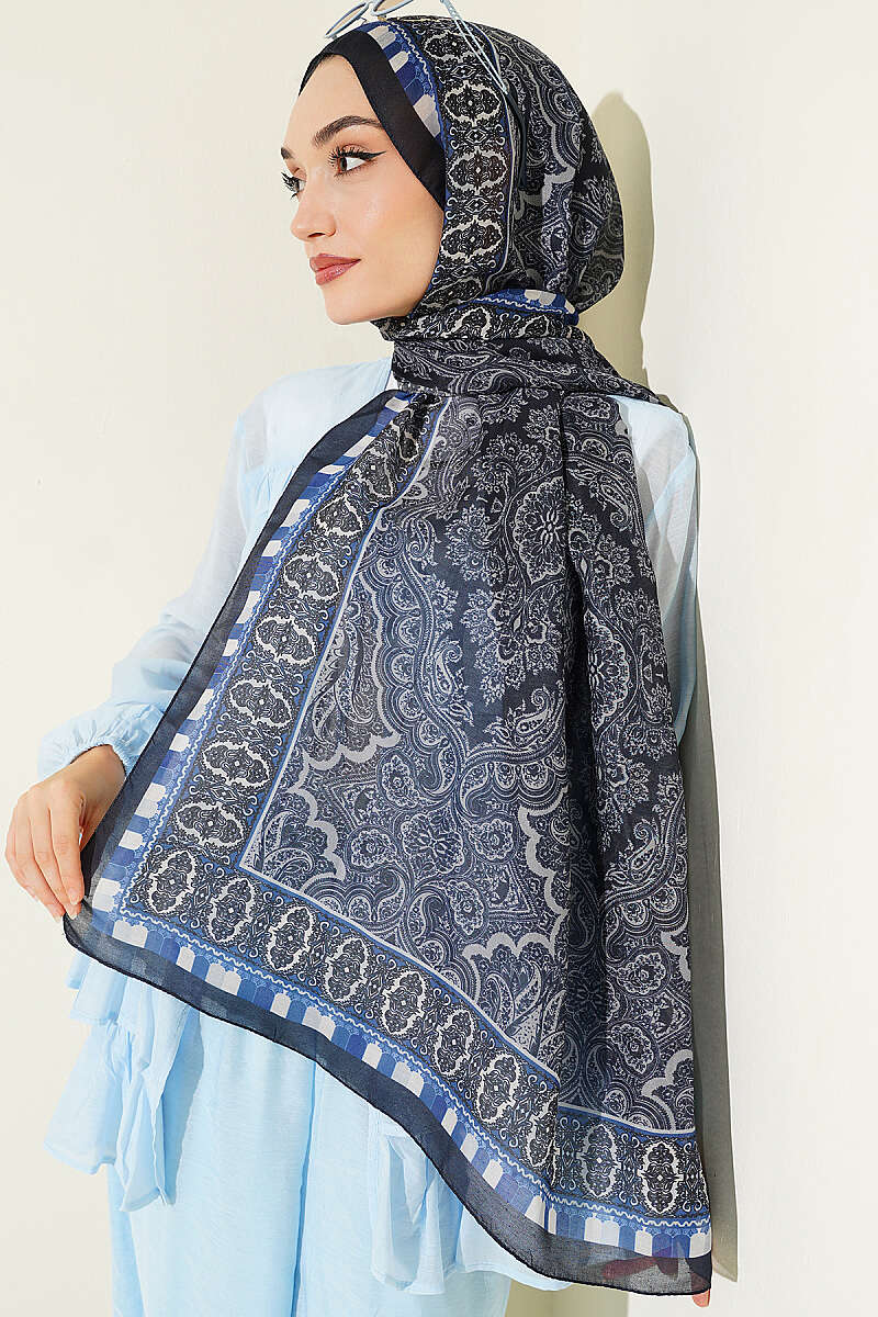 Motif Desenli Soft Şal Lacivert