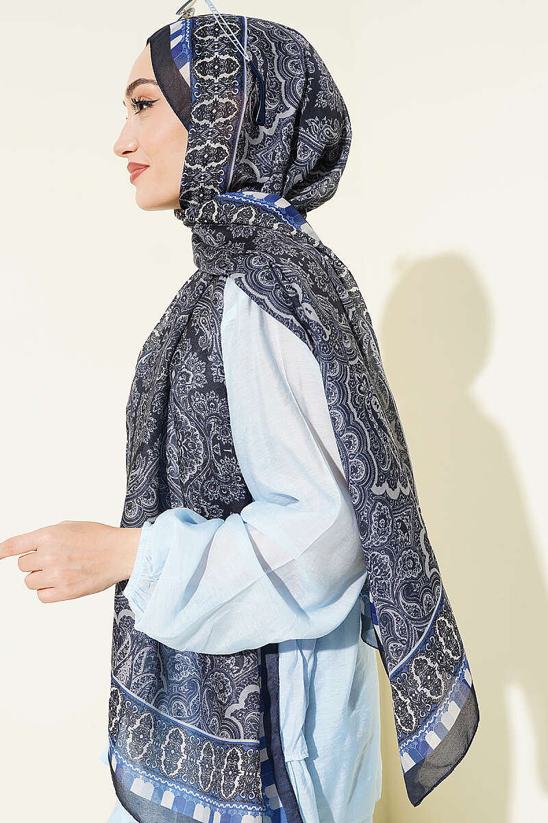Motif Desenli Soft Şal Lacivert