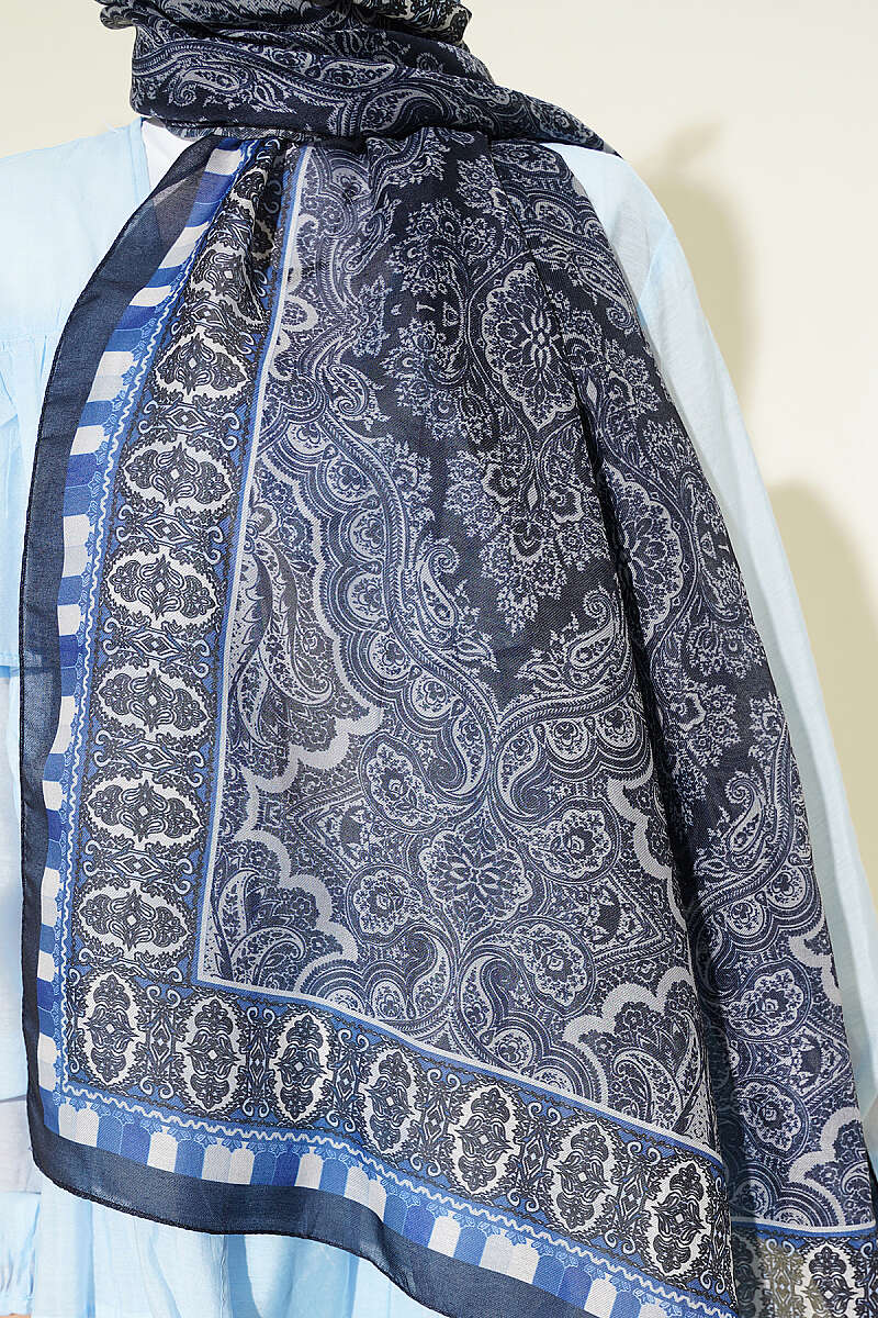 Motif Desenli Soft Şal Lacivert