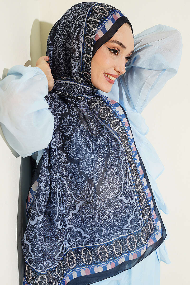 Motif Desenli Soft Şal Lacivert Mavi