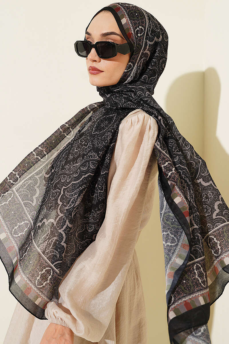 Motif Desenli Soft Şal Siyah Haki
