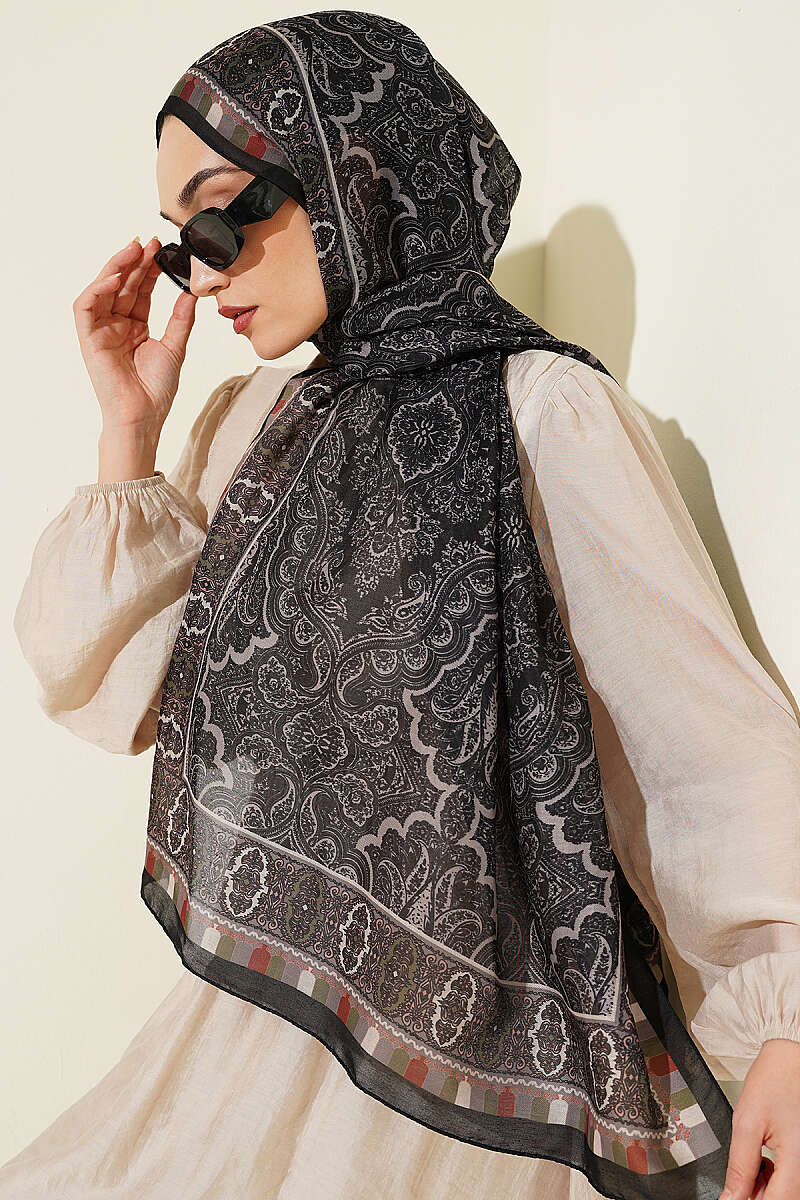 Motif Desenli Soft Şal Siyah Haki