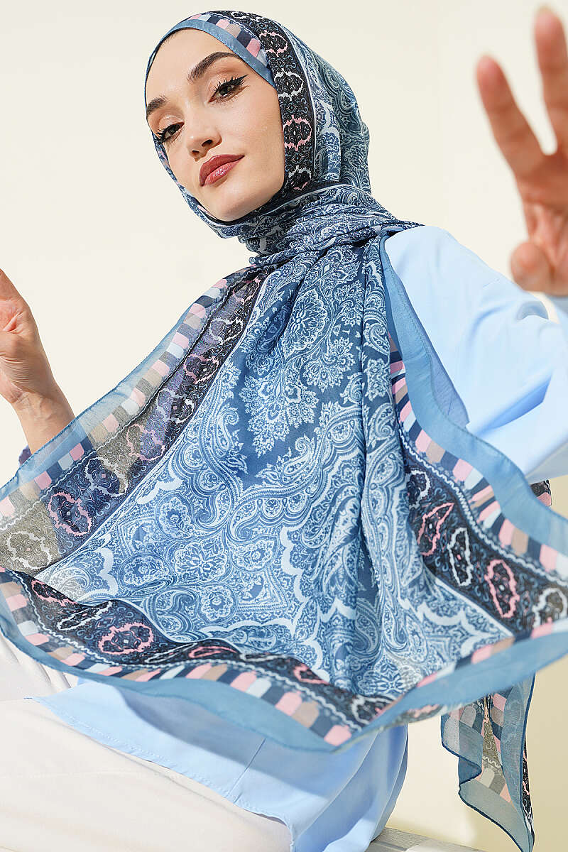 Motif Desenli Soft Şal Soft Mavi