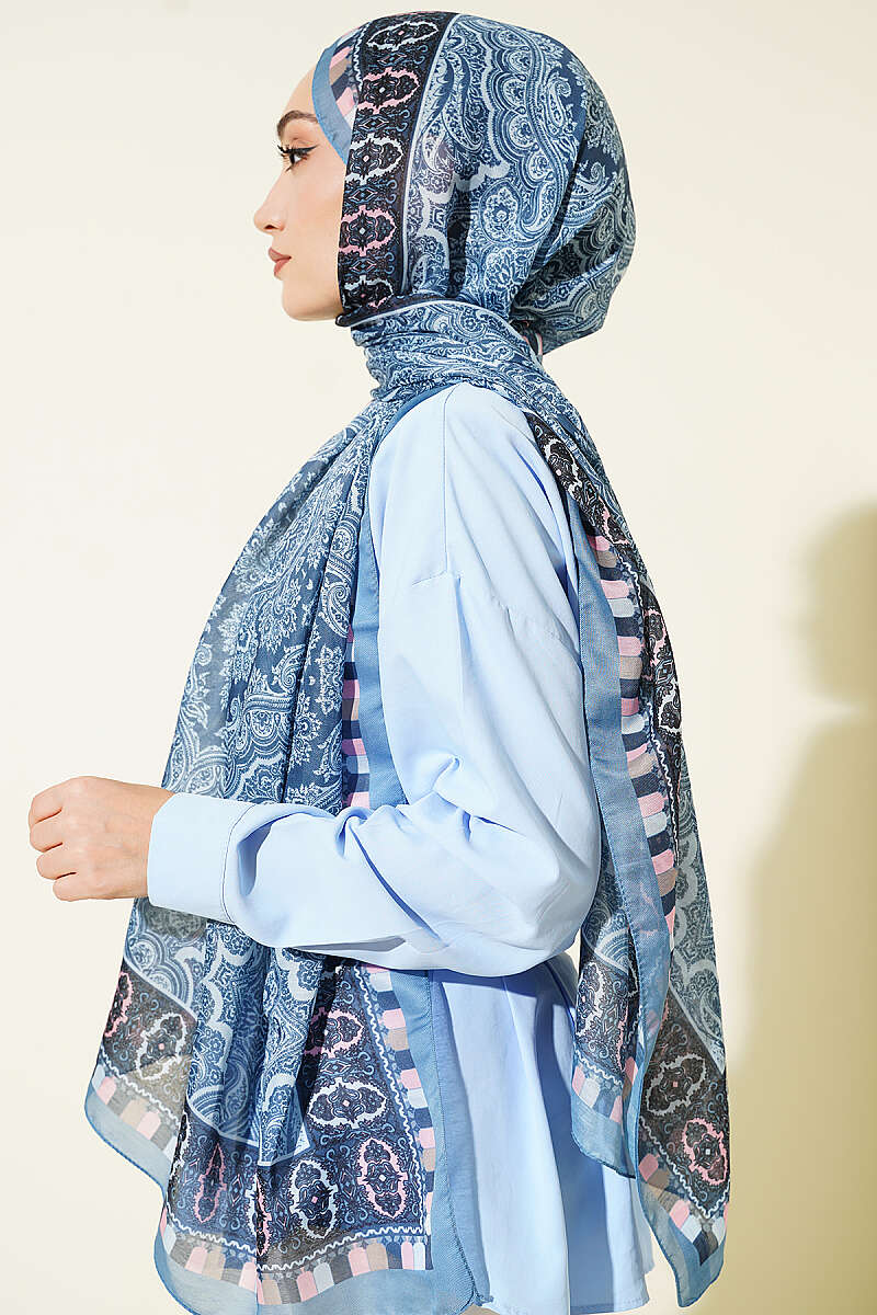 Motif Desenli Soft Şal Soft Mavi