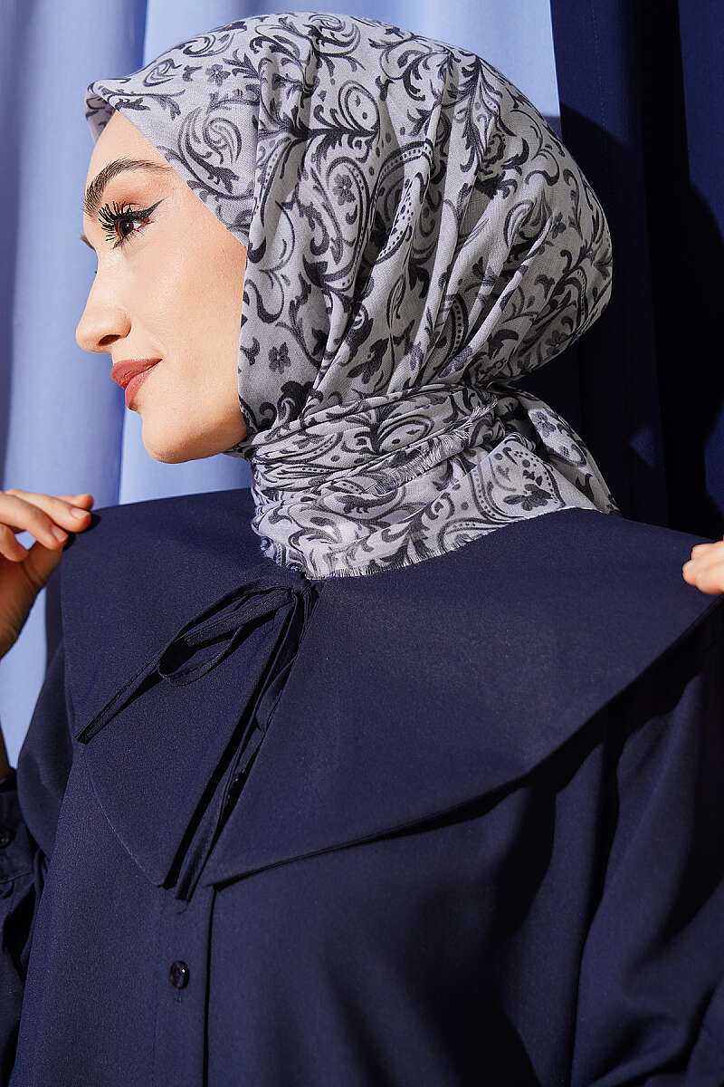 Motifli Flamu Cotton Eşarp Gri