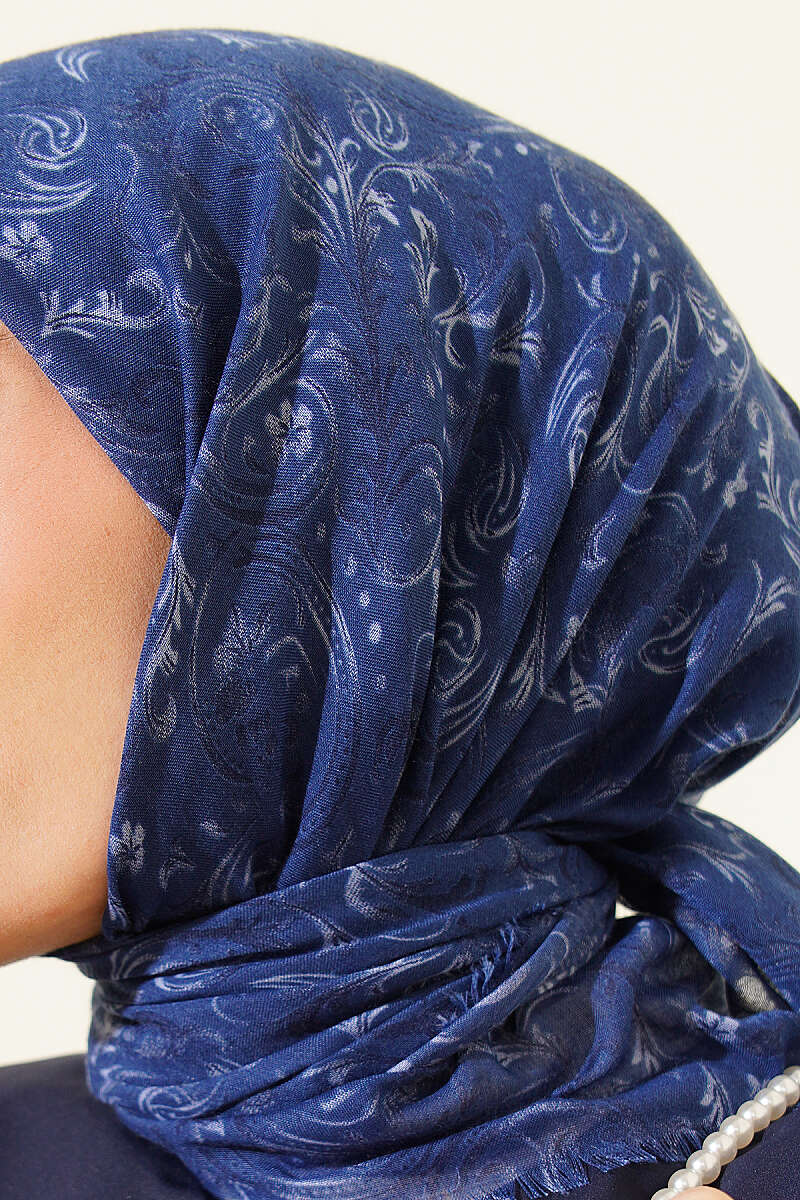 Motifli Flamu Cotton Eşarp İndigo