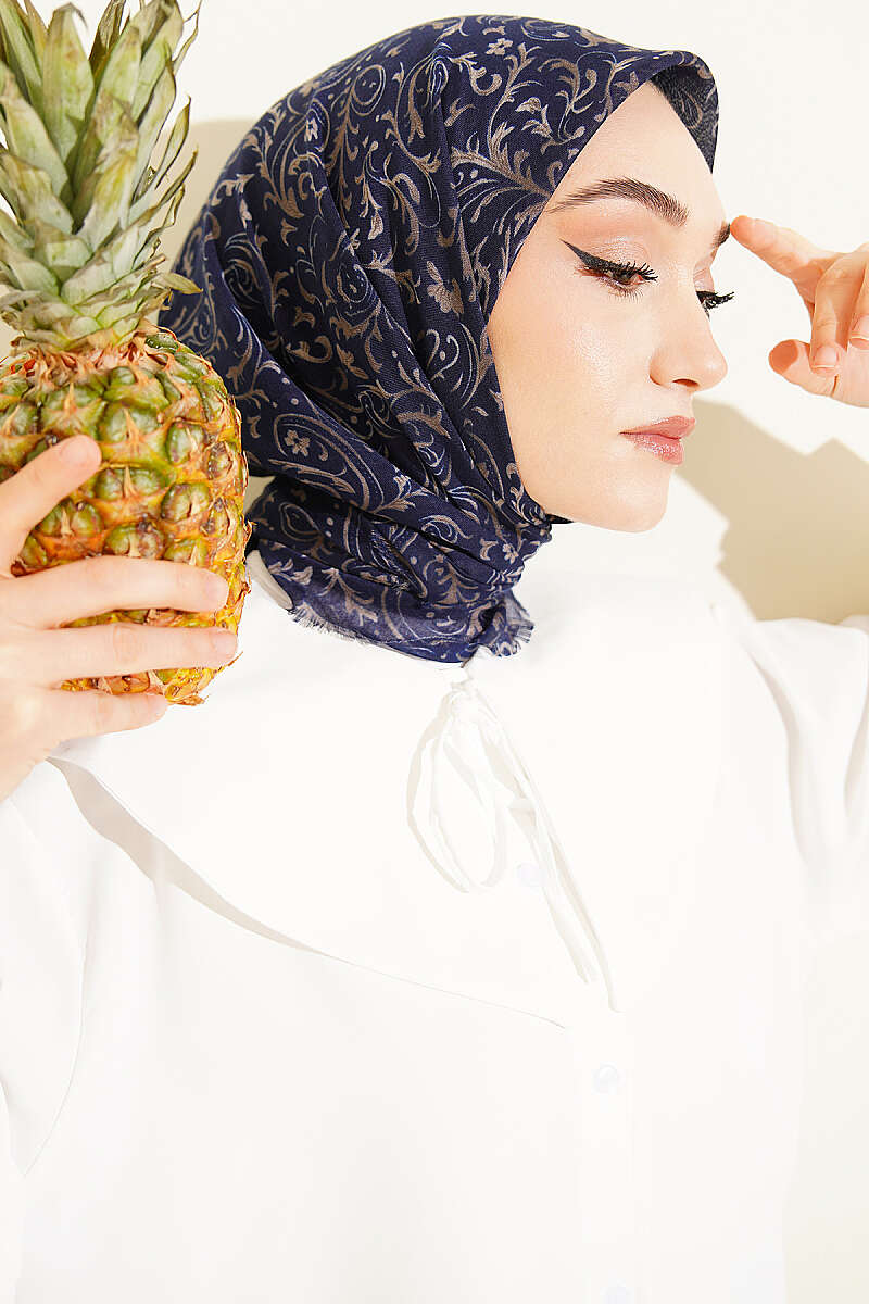 Motifli Flamu Cotton Eşarp Lacivert