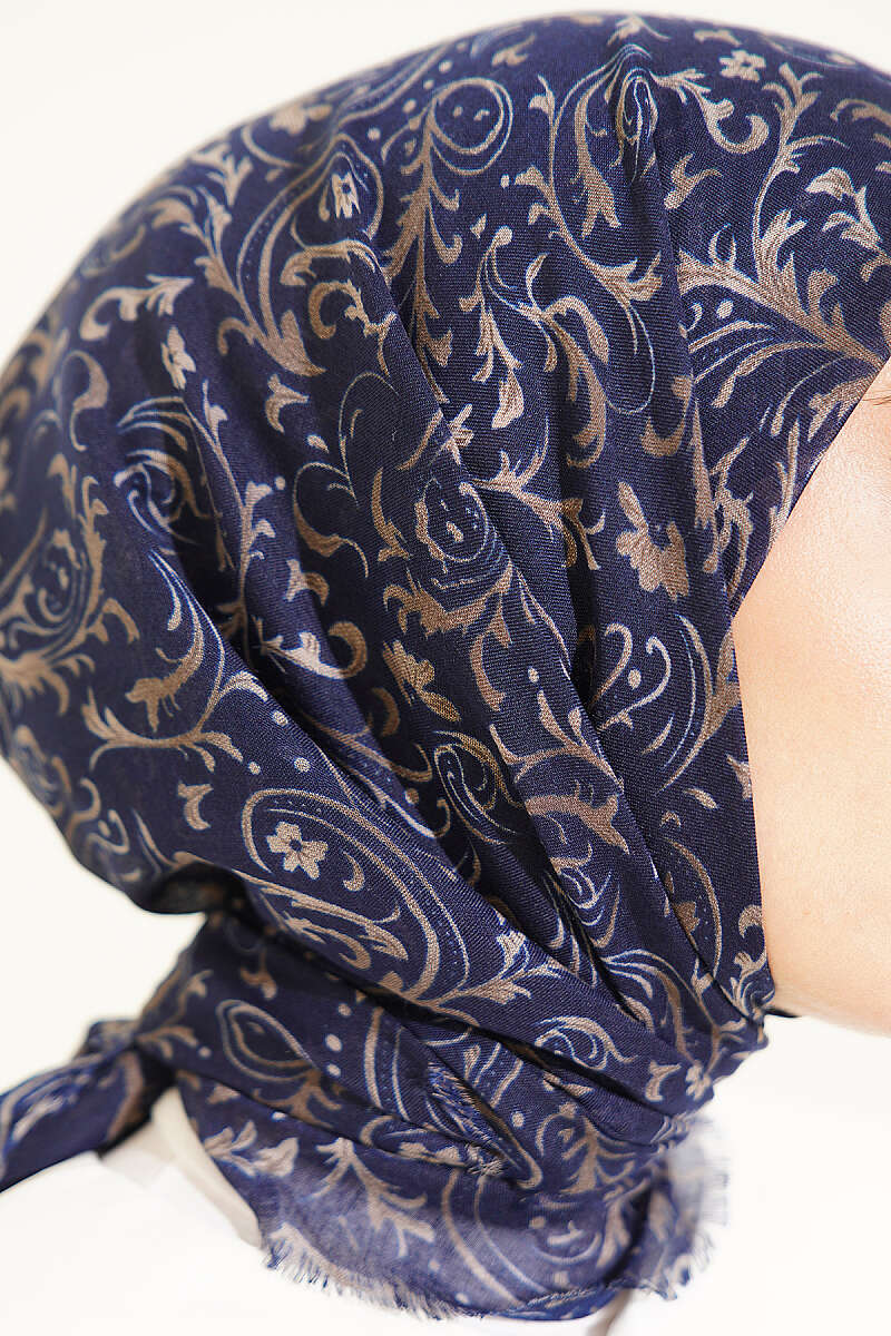 Motifli Flamu Cotton Eşarp Lacivert