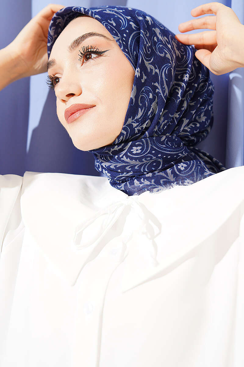 Motifli Flamu Cotton Eşarp Lacivert Gri