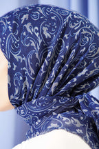 Motifli Flamu Cotton Eşarp Lacivert Gri