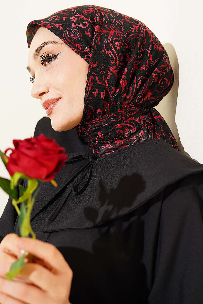 Motifli Flamu Cotton Eşarp Siyah Bordo