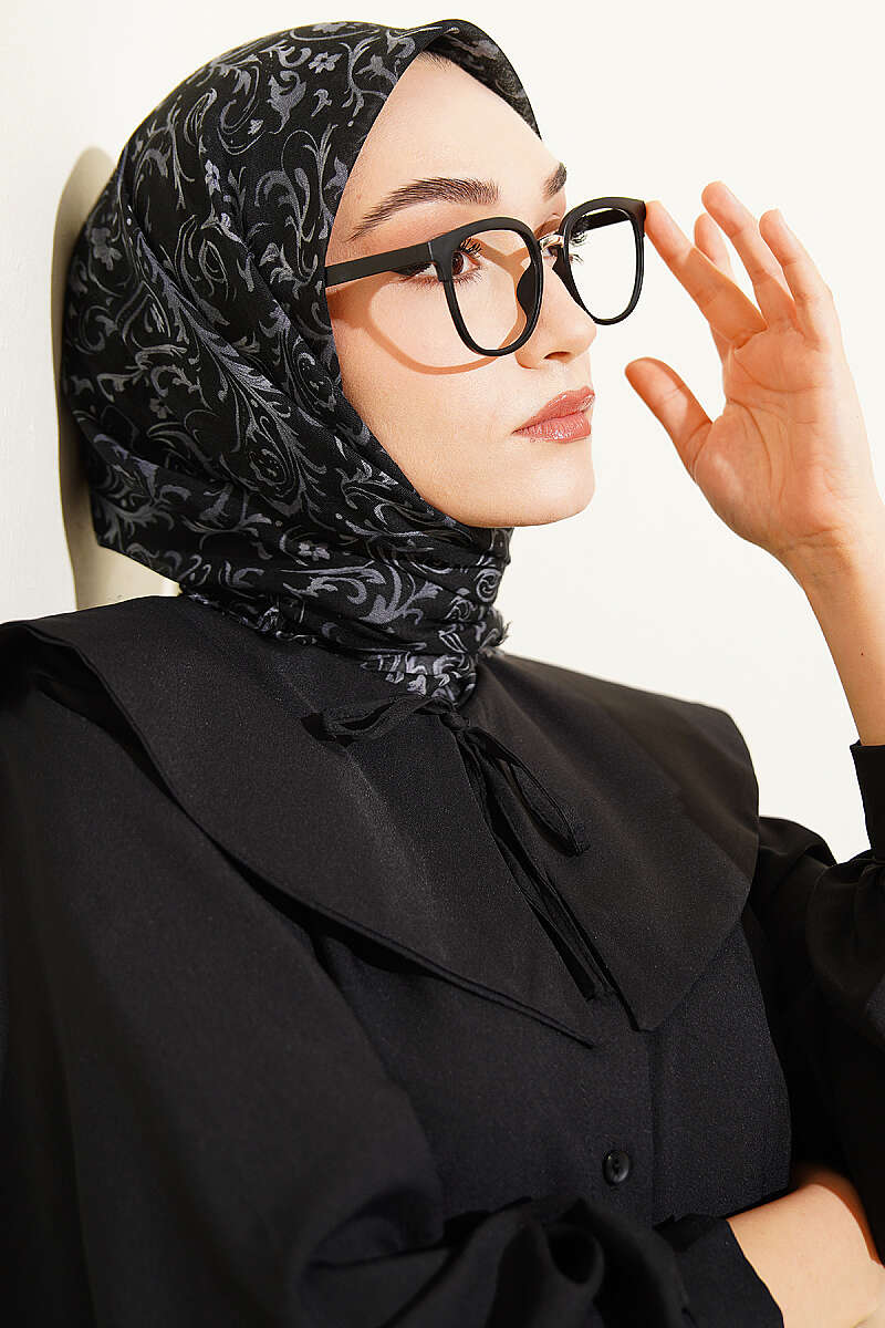 Motifli Flamu Cotton Eşarp Siyah Gri