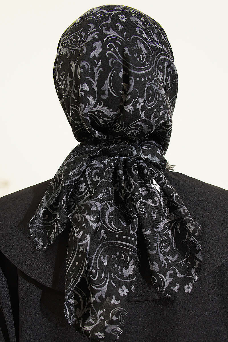 Motifli Flamu Cotton Eşarp Siyah Gri