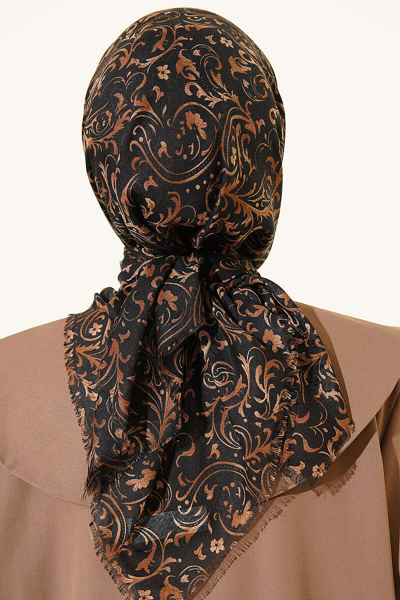 Motifli Flamu Cotton Eşarp Siyah Vizon