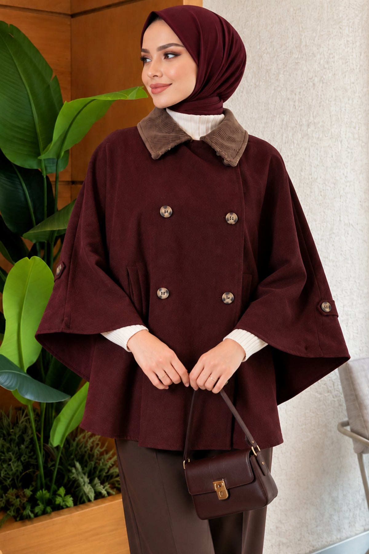 Velvet Collar Buttoned Poncho Coffee