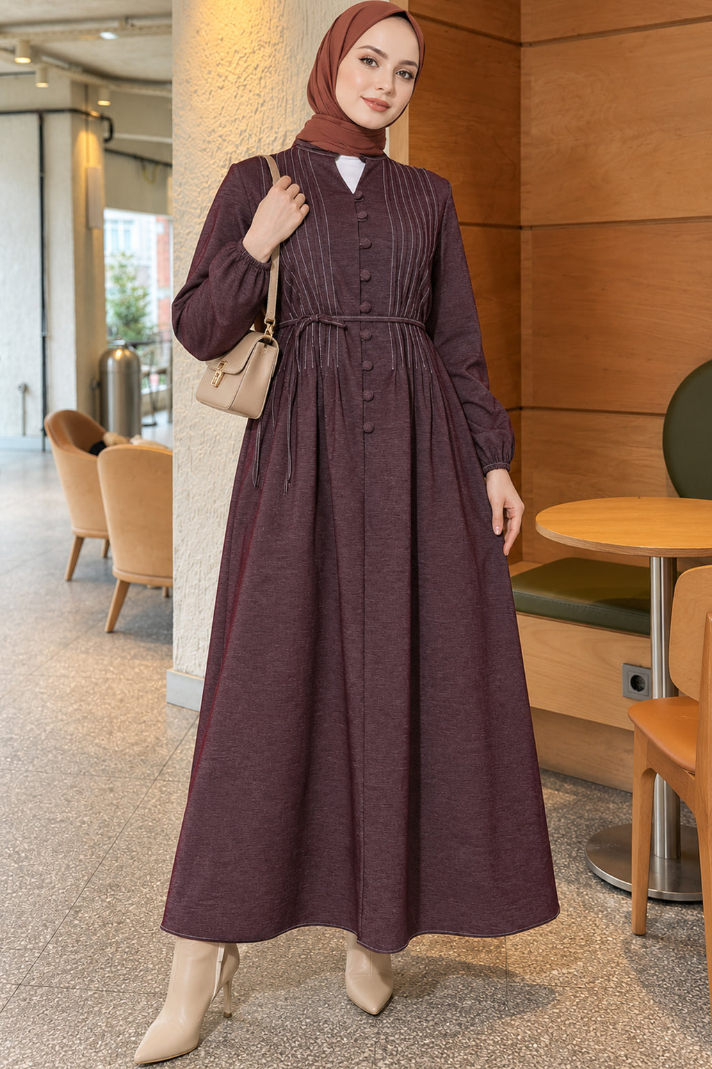 Vestido de mezclilla con pliegues frontales y cinturón de cuerda índigo