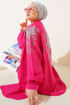 Nakışlı Pullu Kimono Fuşya