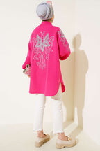 Nakışlı Pullu Kimono Fuşya
