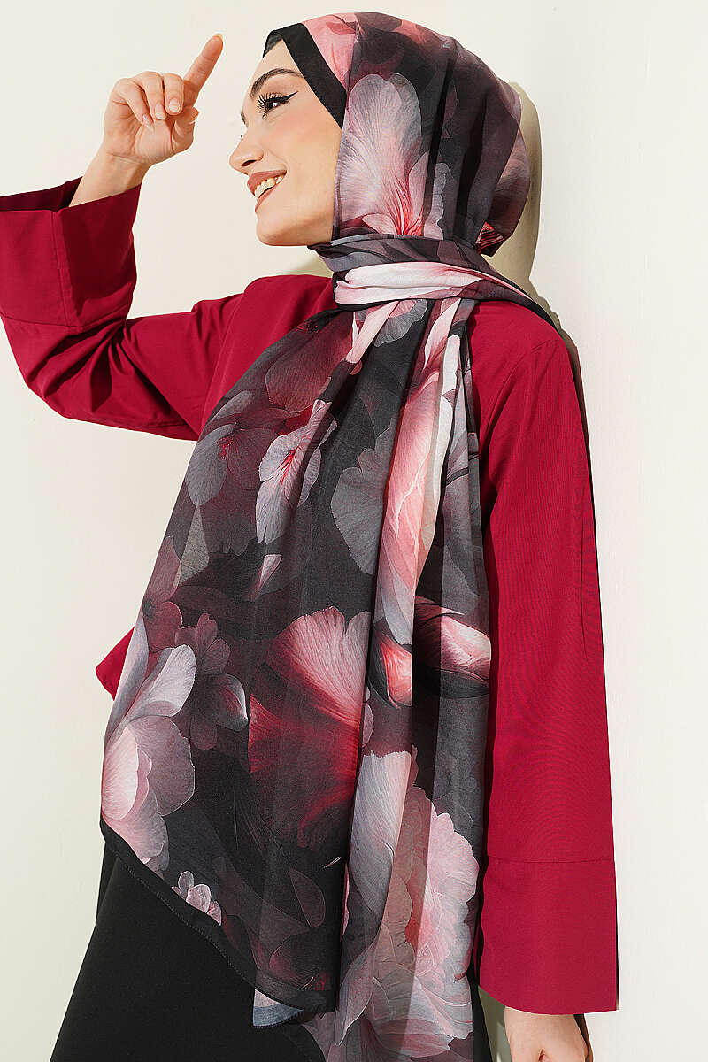 Nergis Desenli Soft Şal Siyah Pembe