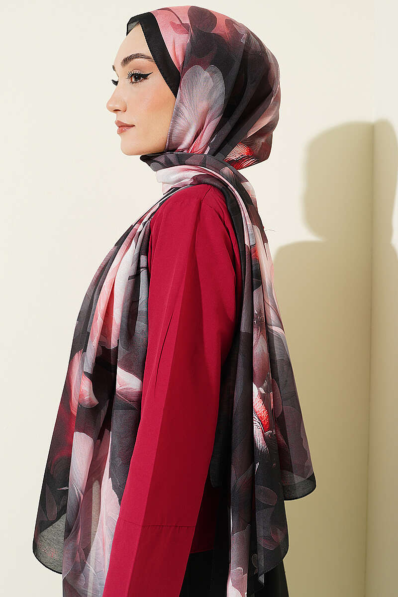 Nergis Desenli Soft Şal Siyah Pembe