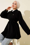 Omuz Apoletli Tensel Trençkot Siyah