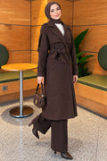 Long Coat with Shoulder Epaulettes Brown