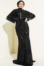 Omuz Büzgülü Taşlı Pullu Abiye Elbise Siyah