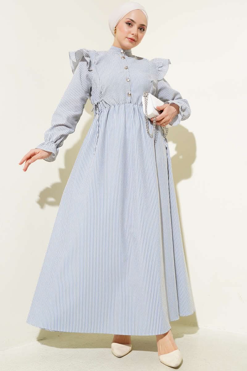 Omuz Fırfırlı Bel Lastikli Gofre Elbise