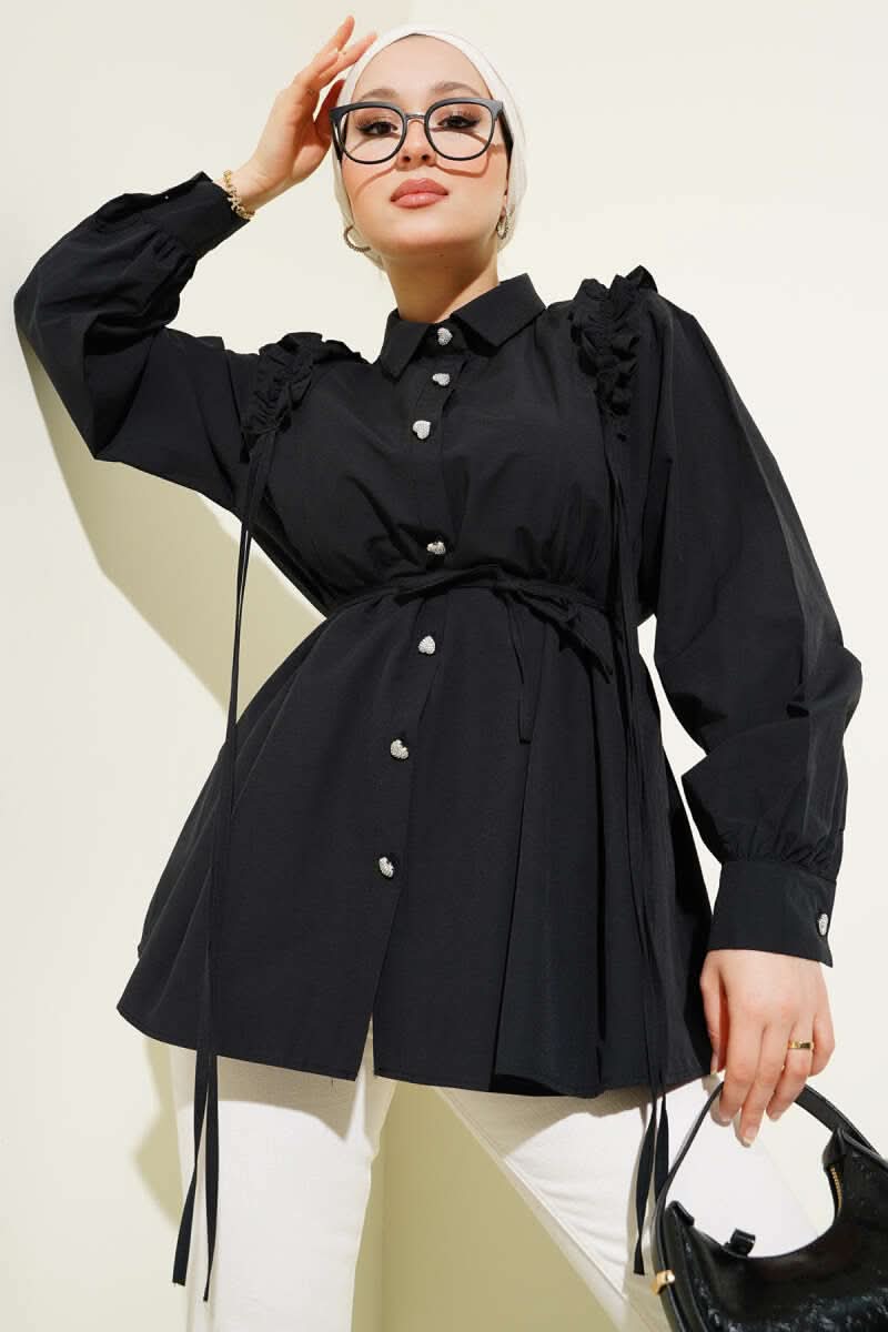 Shoulder Ruffled Heart Button Shirt