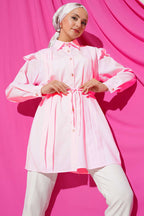 Omuz Fırfırlı Şeritli Kuşaklı Gömlek