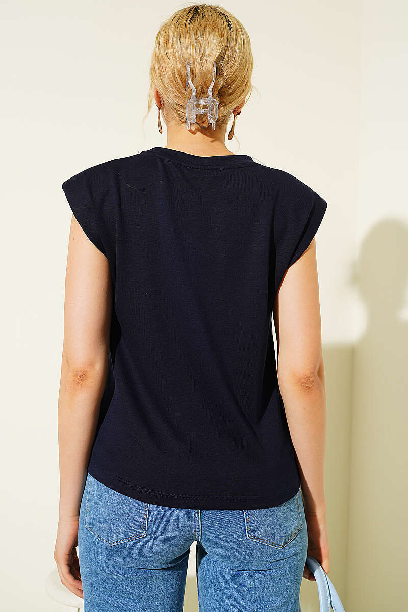Omuz Vatkalı Loyşa T-shirt Lacivert