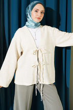 Önü Bağcıklı Detaylı Keten Kimono