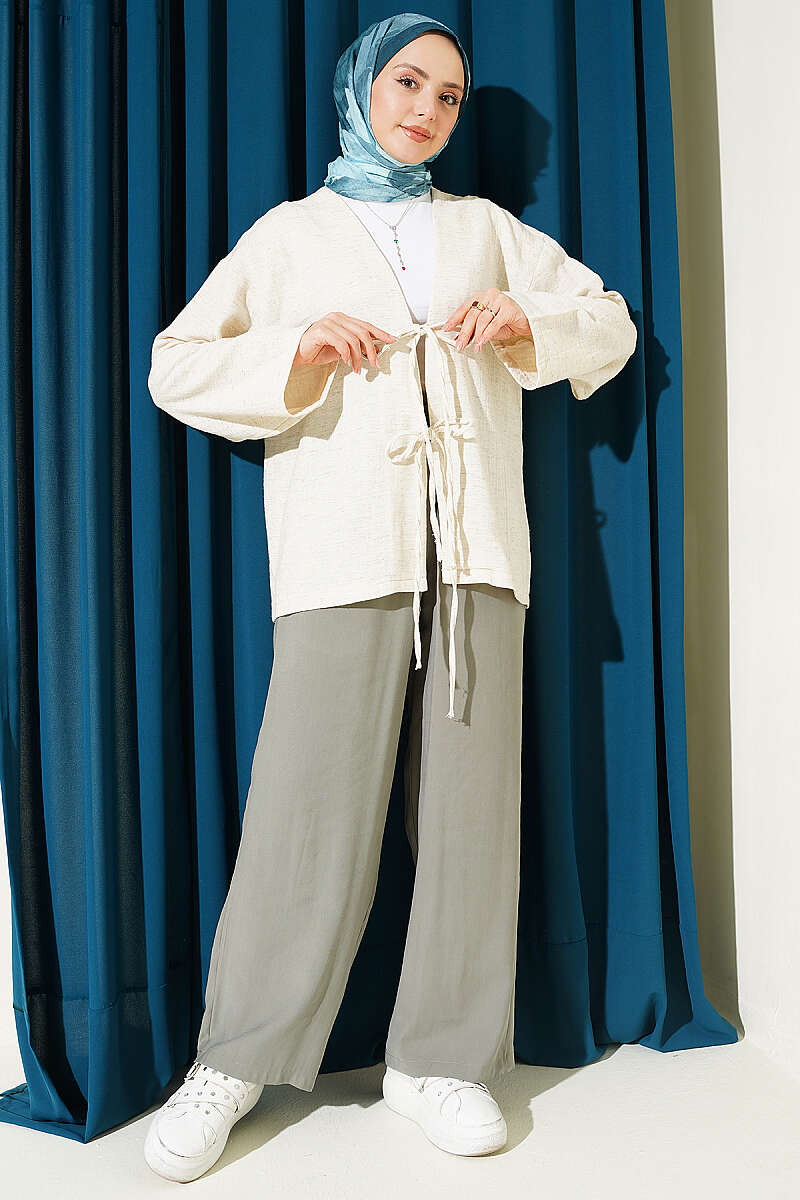 Önü Bağcıklı Detaylı Keten Kimono