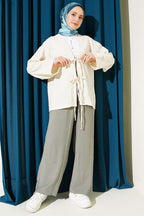 Önü Bağcıklı Detaylı Keten Kimono