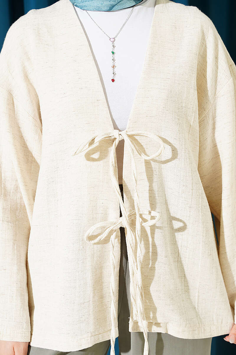 Önü Bağcıklı Detaylı Keten Kimono