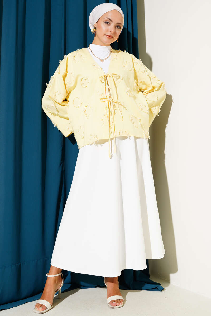 Önü Bağcıklı Püskül Detaylı Kimono Sarı