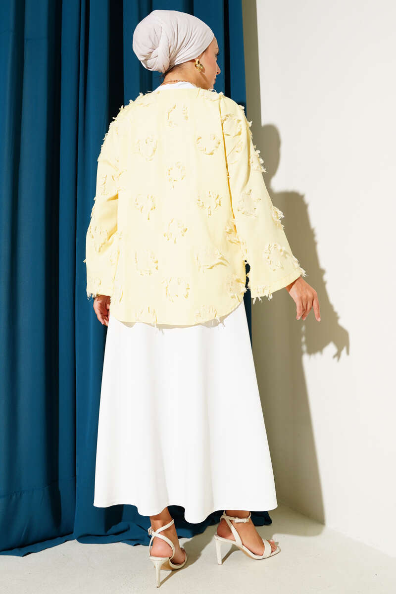 Önü Bağcıklı Püskül Detaylı Kimono Sarı