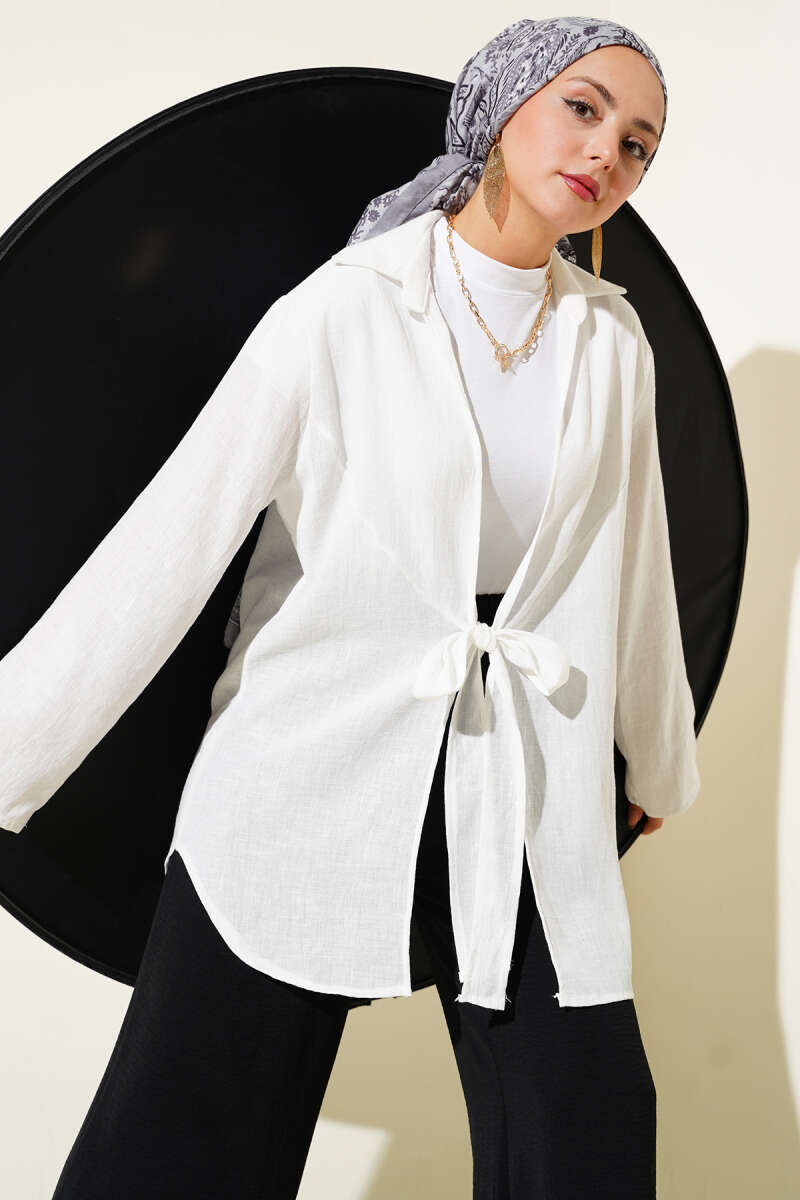Önü Bağlama Detaylı Keten Kimono