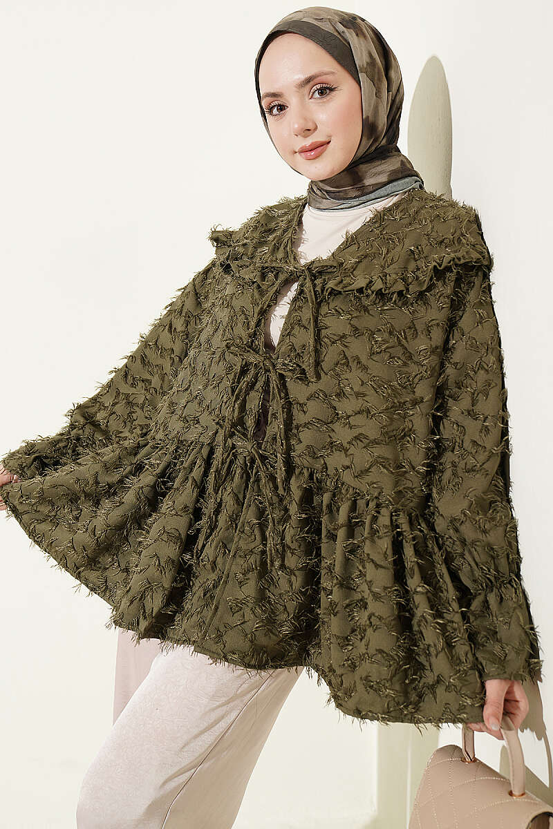 Önü Bağlamalı Püsküllü Kimono Haki