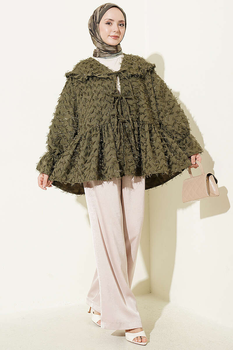 Önü Bağlamalı Püsküllü Kimono Haki