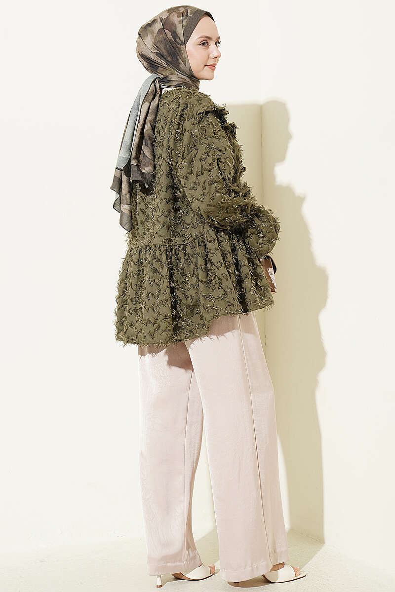 Önü Bağlamalı Püsküllü Kimono Haki