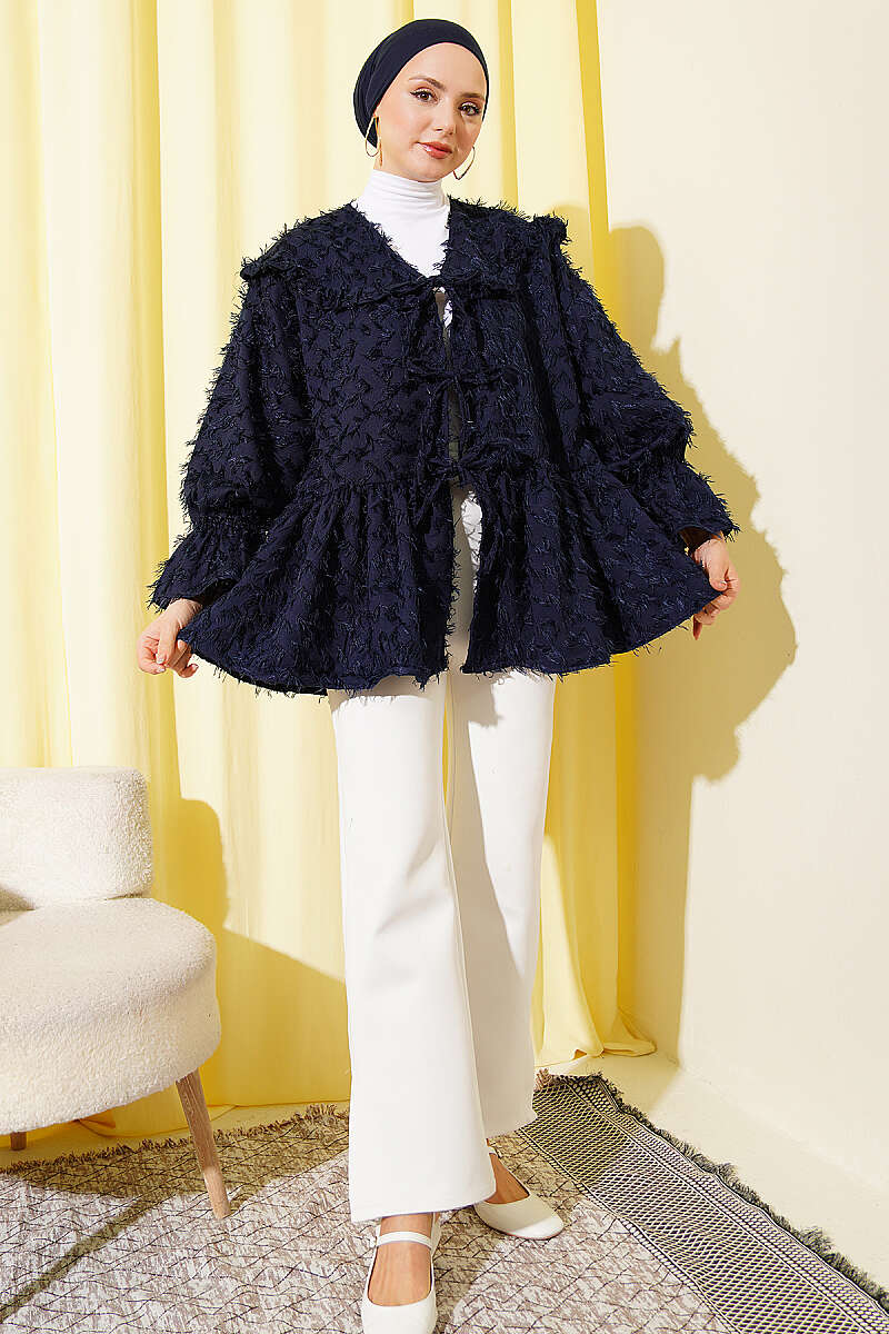 Önü Bağlamalı Püsküllü Kimono Lacivert