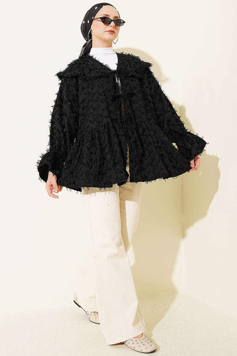 Önü Bağlamalı Püsküllü Kimono Siyah
