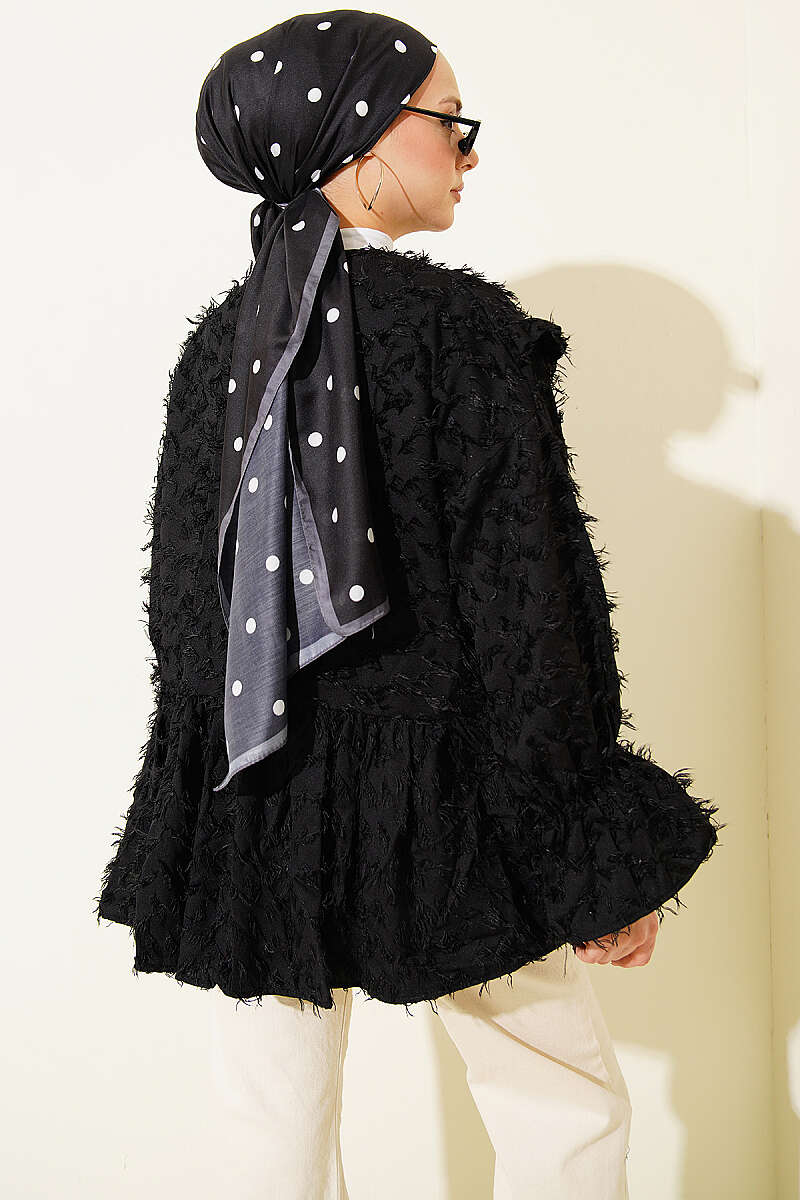 Önü Bağlamalı Püsküllü Kimono Siyah