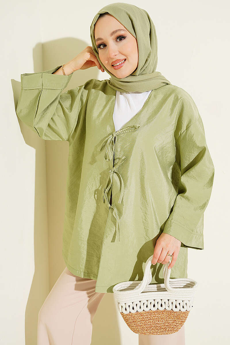 Önü Bağlamalı Salaş Paraşüt Kimono Çağla Yeşili