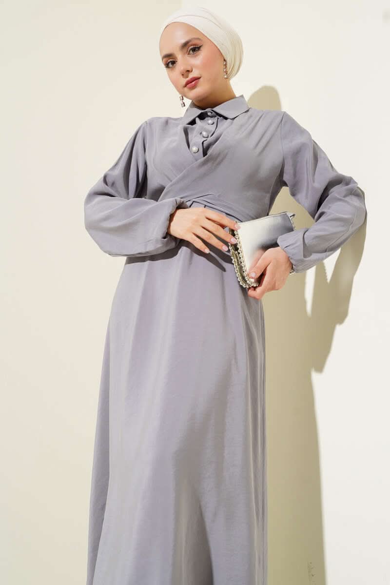 Önü Bağlamalı Yarım Düğmeli Tencel Elbise