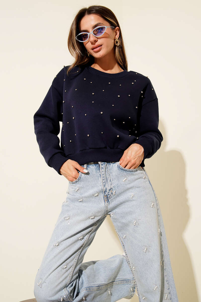 Önü Boncuklu Üç İplik Kısa Sweatshirt